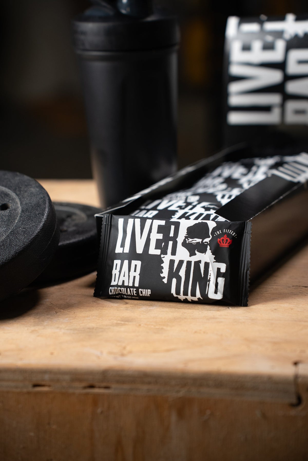 liver king bar single bar with box in background with shaker cup