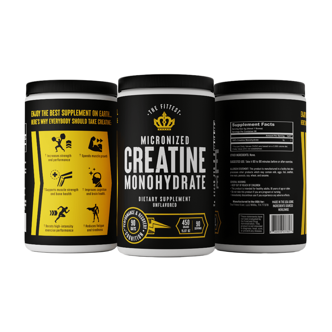 3 Bottles of Creatine Monohydrate with yellow label on white background