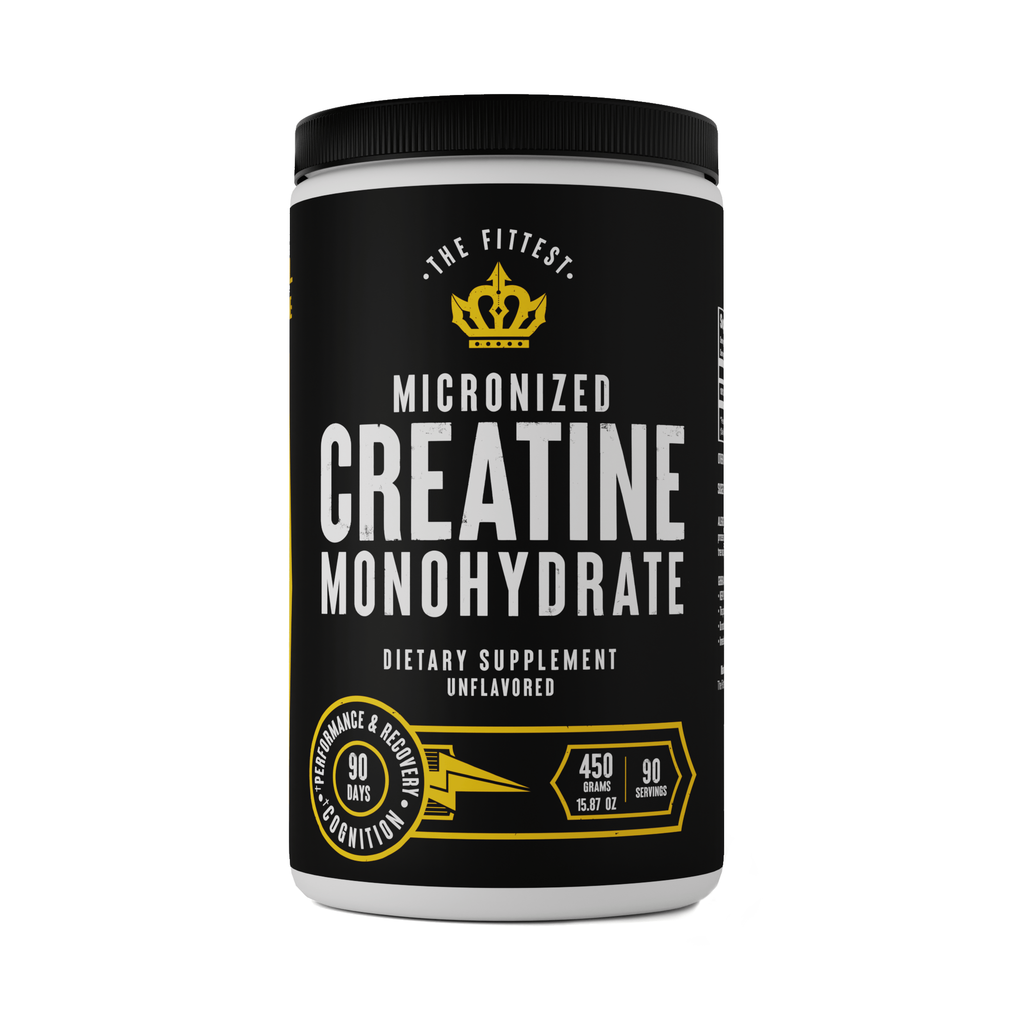 White container with Black label of Creatine by The Fittest