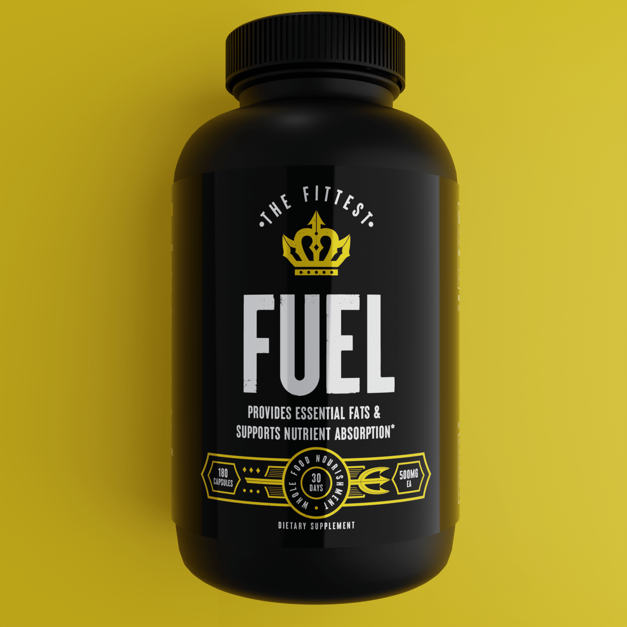 Bottle of Fuel in front of a bright yellow background