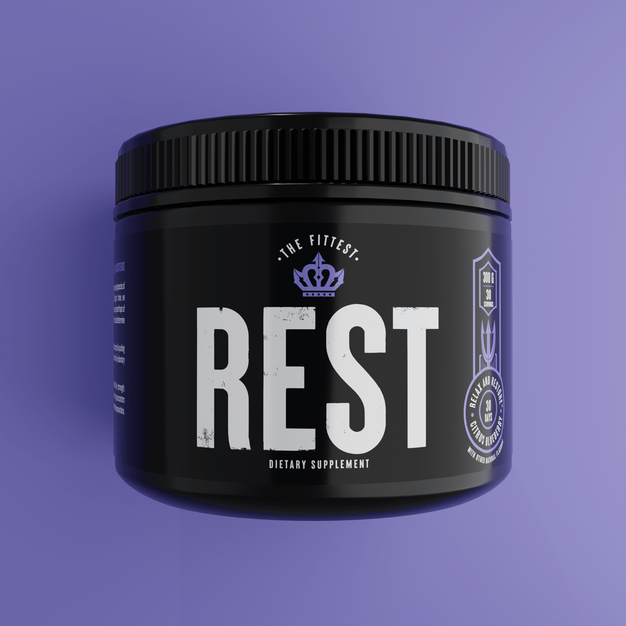 A tub of Rest showing the front label against a light purple background 