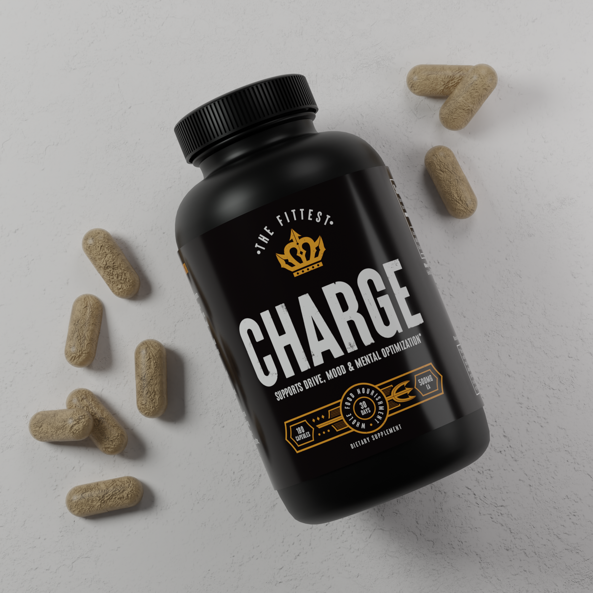 A bottle of Charge laying on top of the capsules which have spilled onto the counter