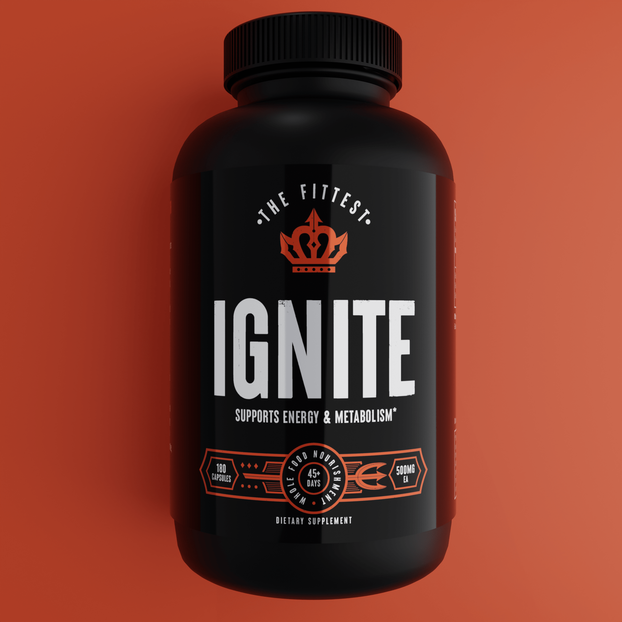 Bottle of Ignite showing the front label in front of a bright red-orange background