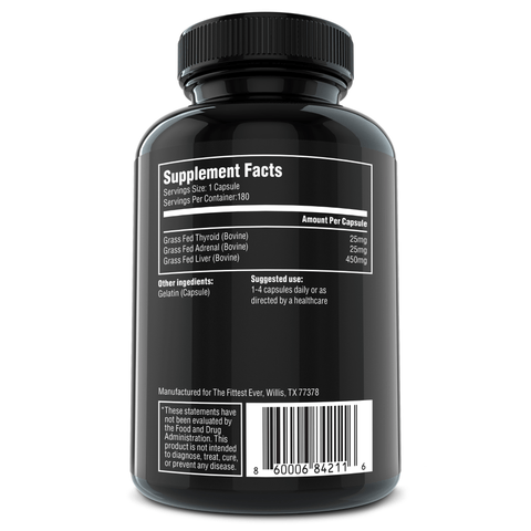 Back of the bottle of Ignite showing the supplement facts panel with main ingredients of bovine thyroid adrenal and liver