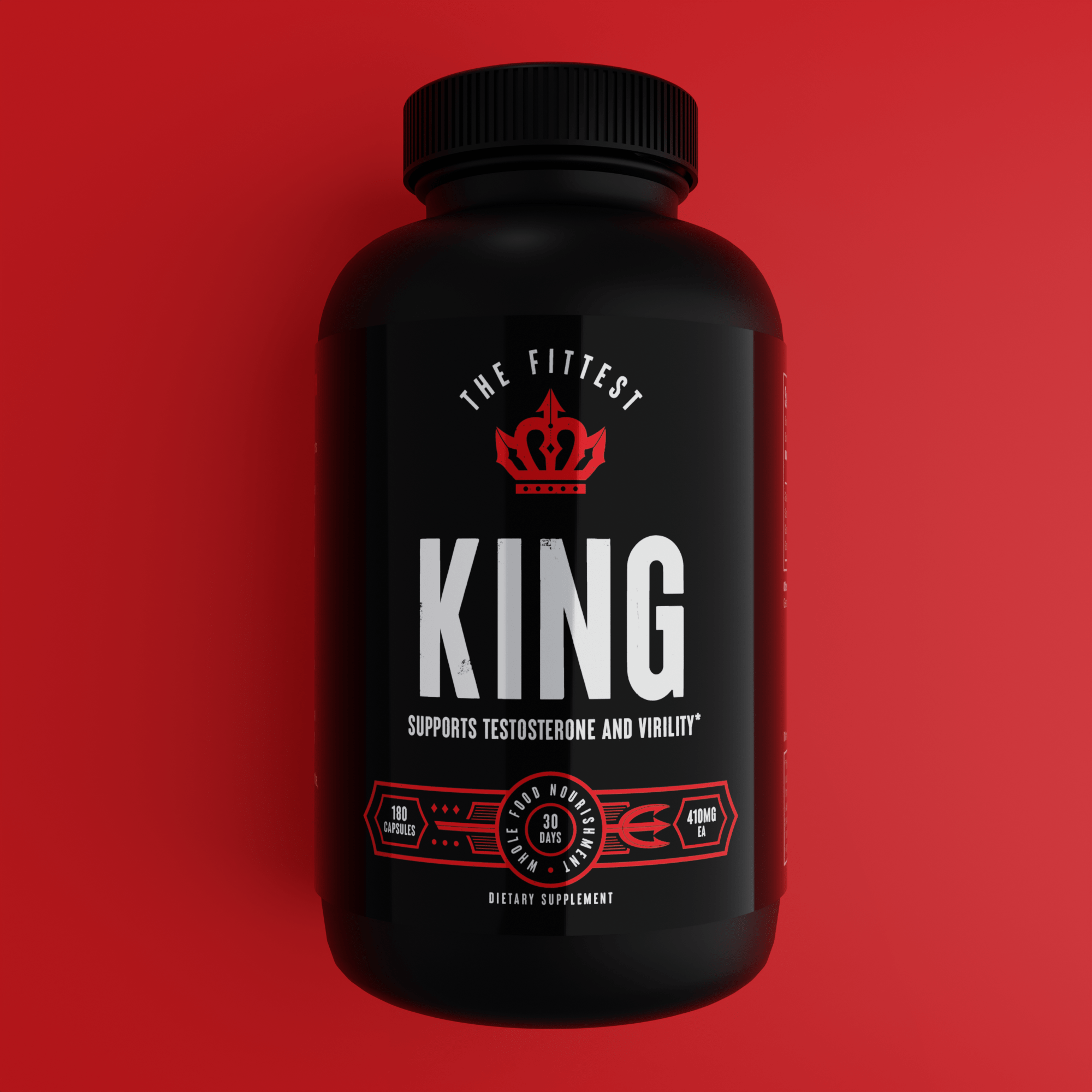 Front of the bottle of King Supplement on a bright red background