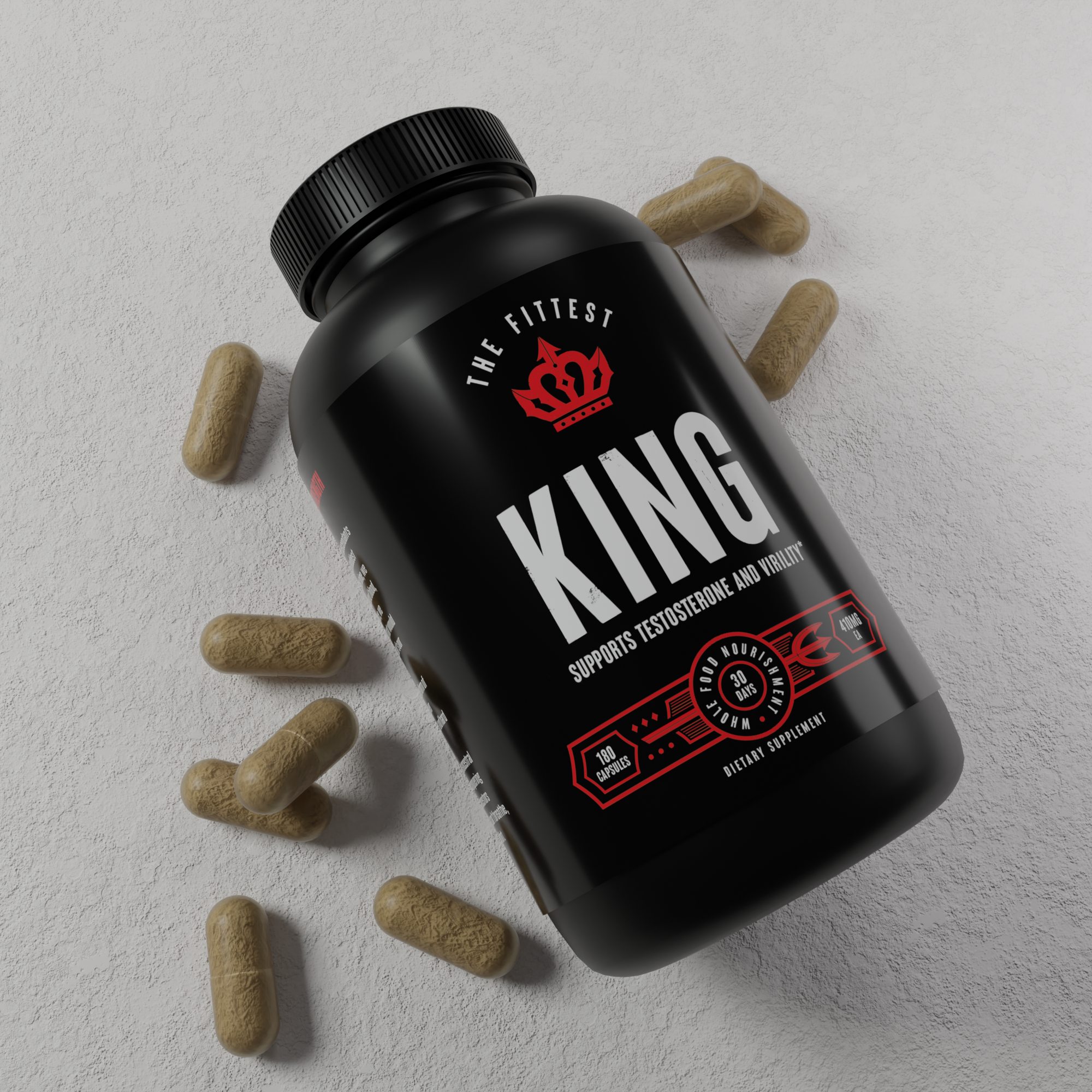 Bottle of King laying over a pile of capsules which have spilled out on the table