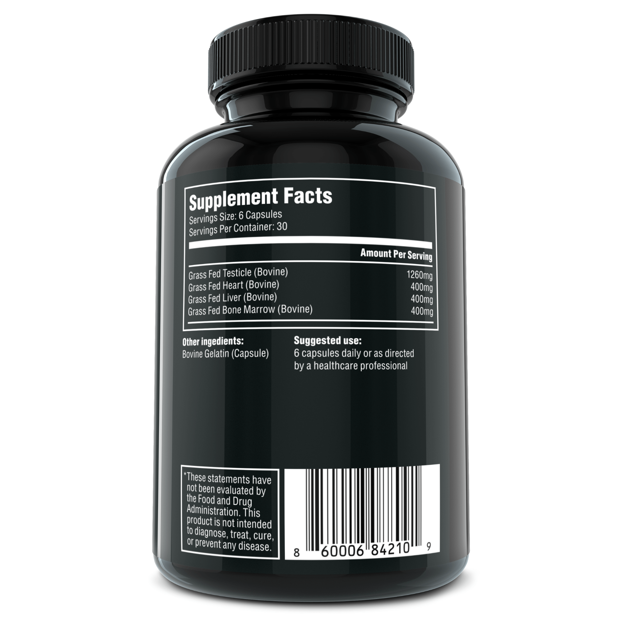Back of the bottle of King showing the complete supplement facts panel with bovine tresticle, heart, liver and bone marrow