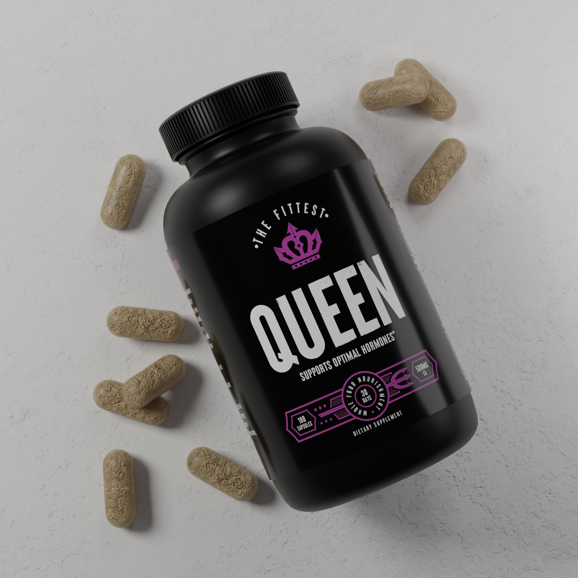 Bottle of queen laying on top of capsules which have spilled out of the bottle on a table