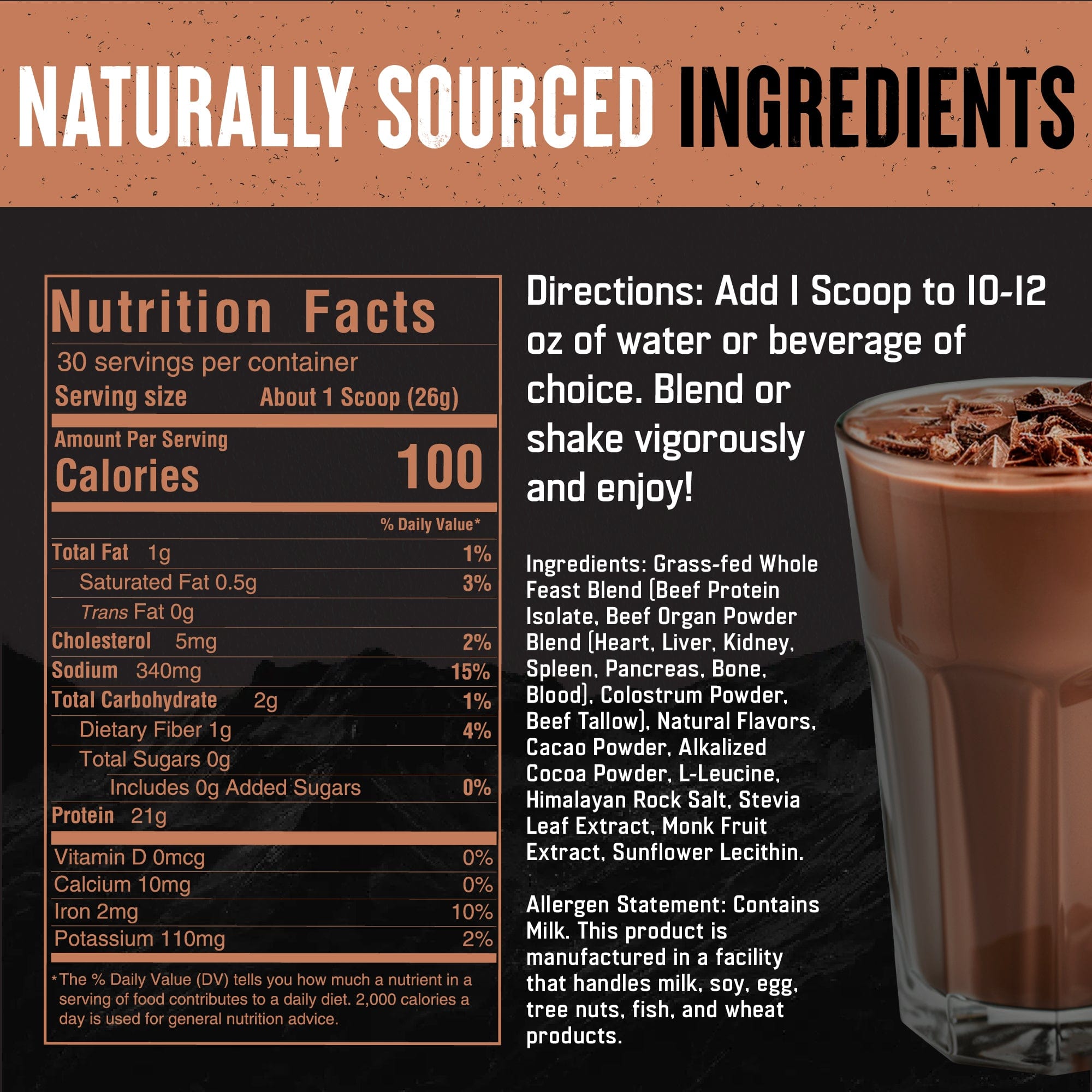 chocolate nutrition facts panel graphic showing the directions for serving - 1 scoop in 10-12 ounces of water or beverage of choice