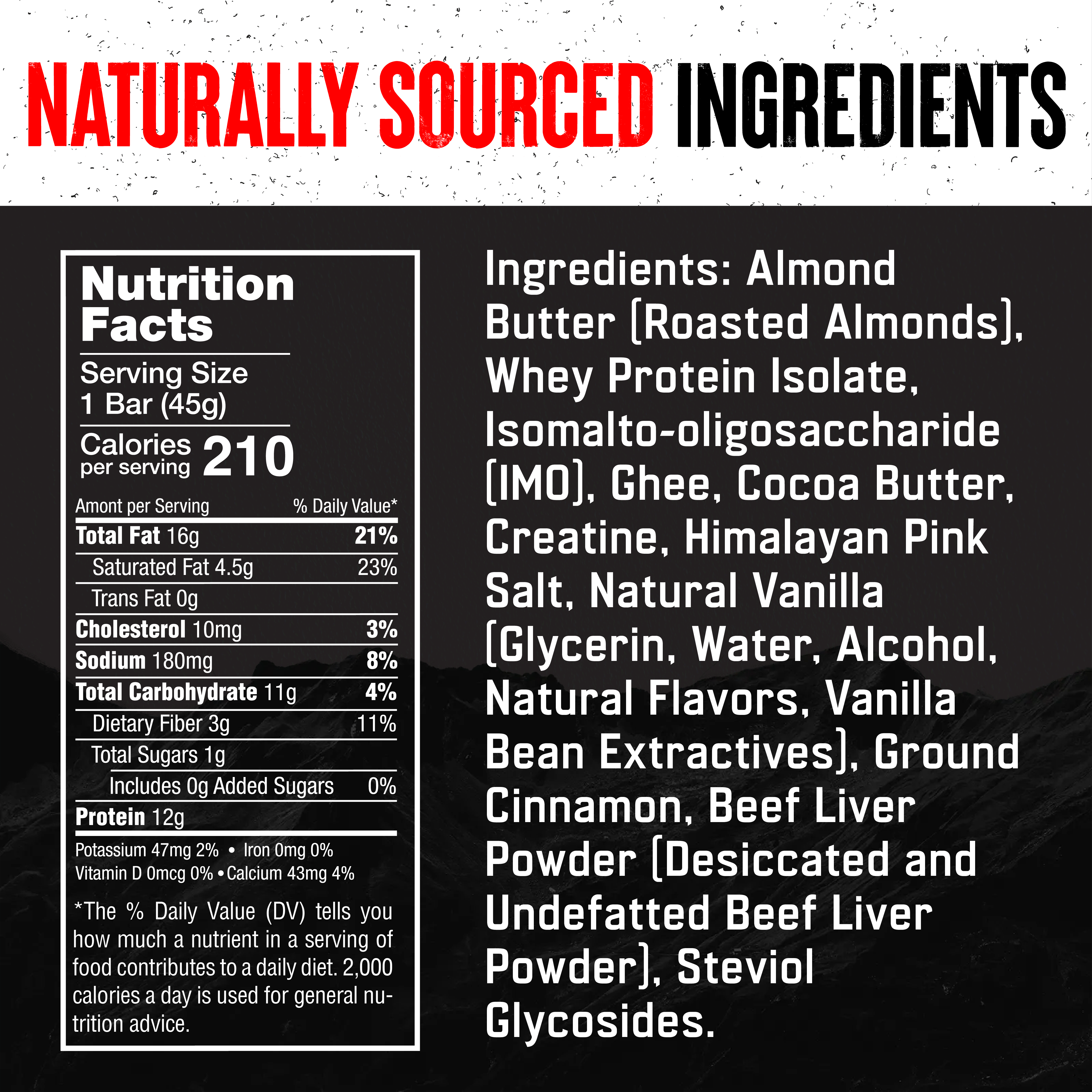 Graphic of ingredients and nutrition facts panel in the Liver King Bar