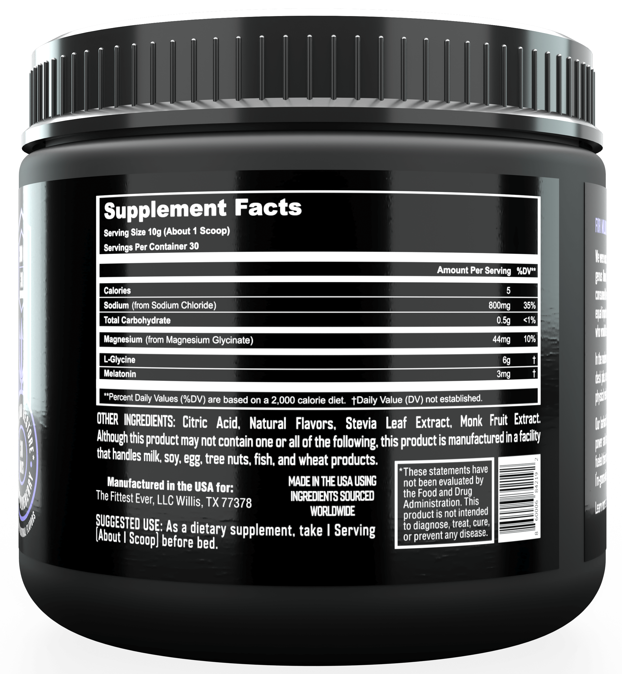 The back of a tub of Rest clearly showing the supplement facts panel and ingredient Sodium magnesium  l-glycine and melatonin
