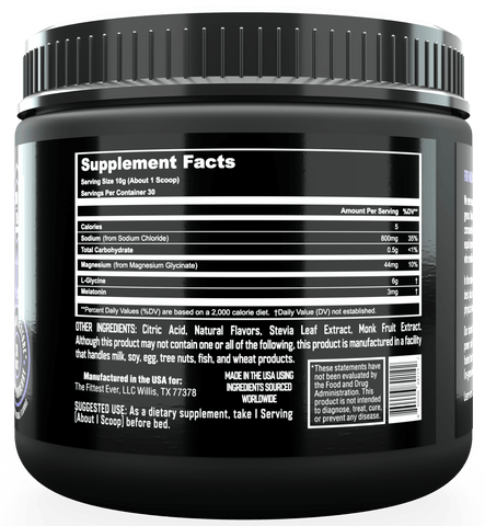 The back of a tub of Rest clearly showing the supplement facts panel and ingredient Sodium magnesium  l-glycine and melatonin