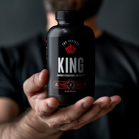 Fit man in a black shirt holding out his hand presenting a bottle of King in it 